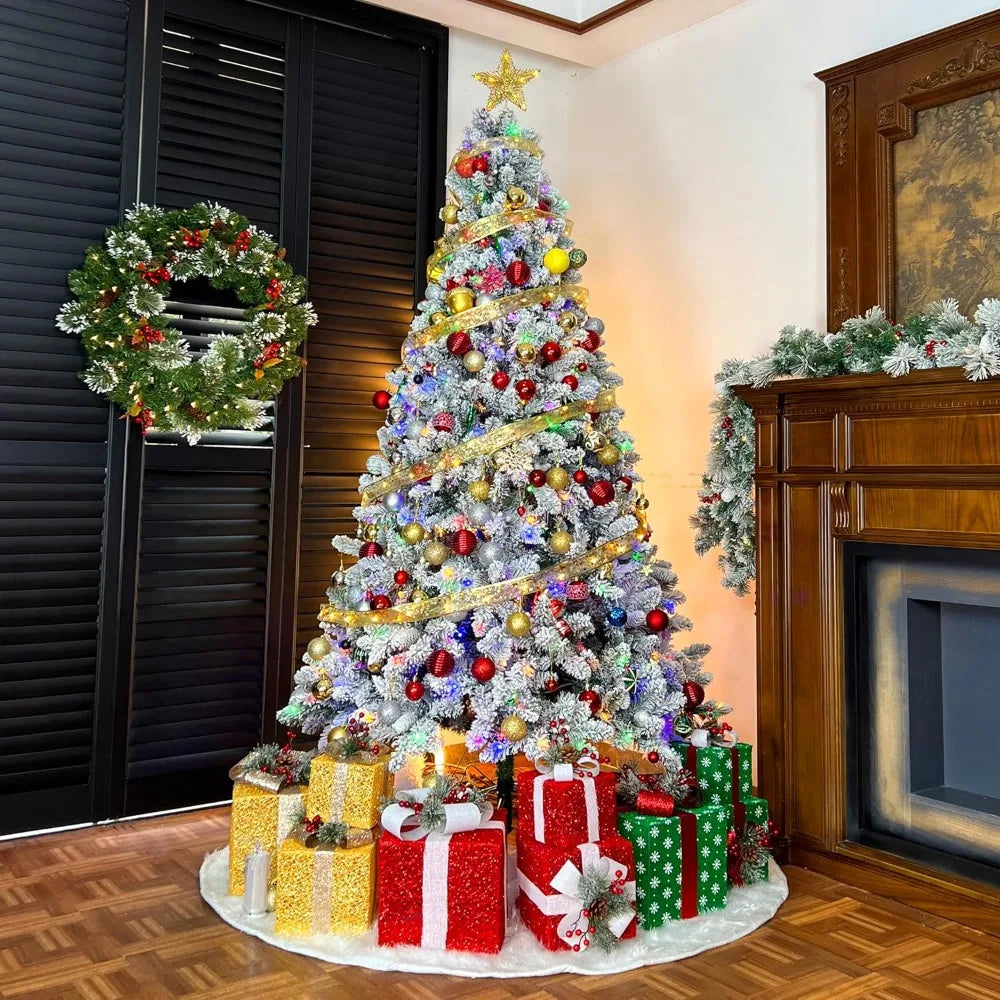 9 ft Prelit Snow Flocked Christmas Tree,Christmas Tree with Pine Cones and Berries