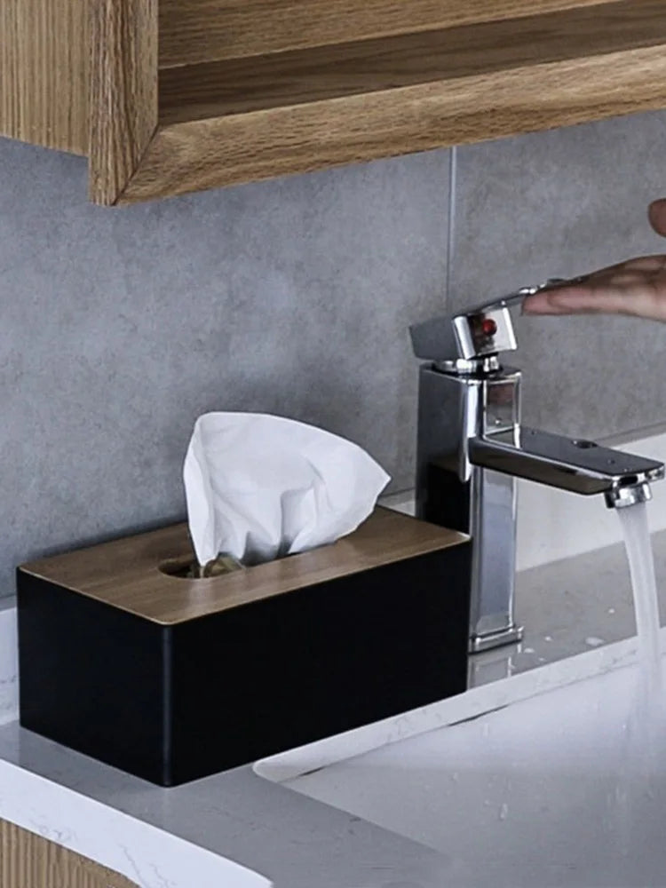 Wood covered tissue holder
