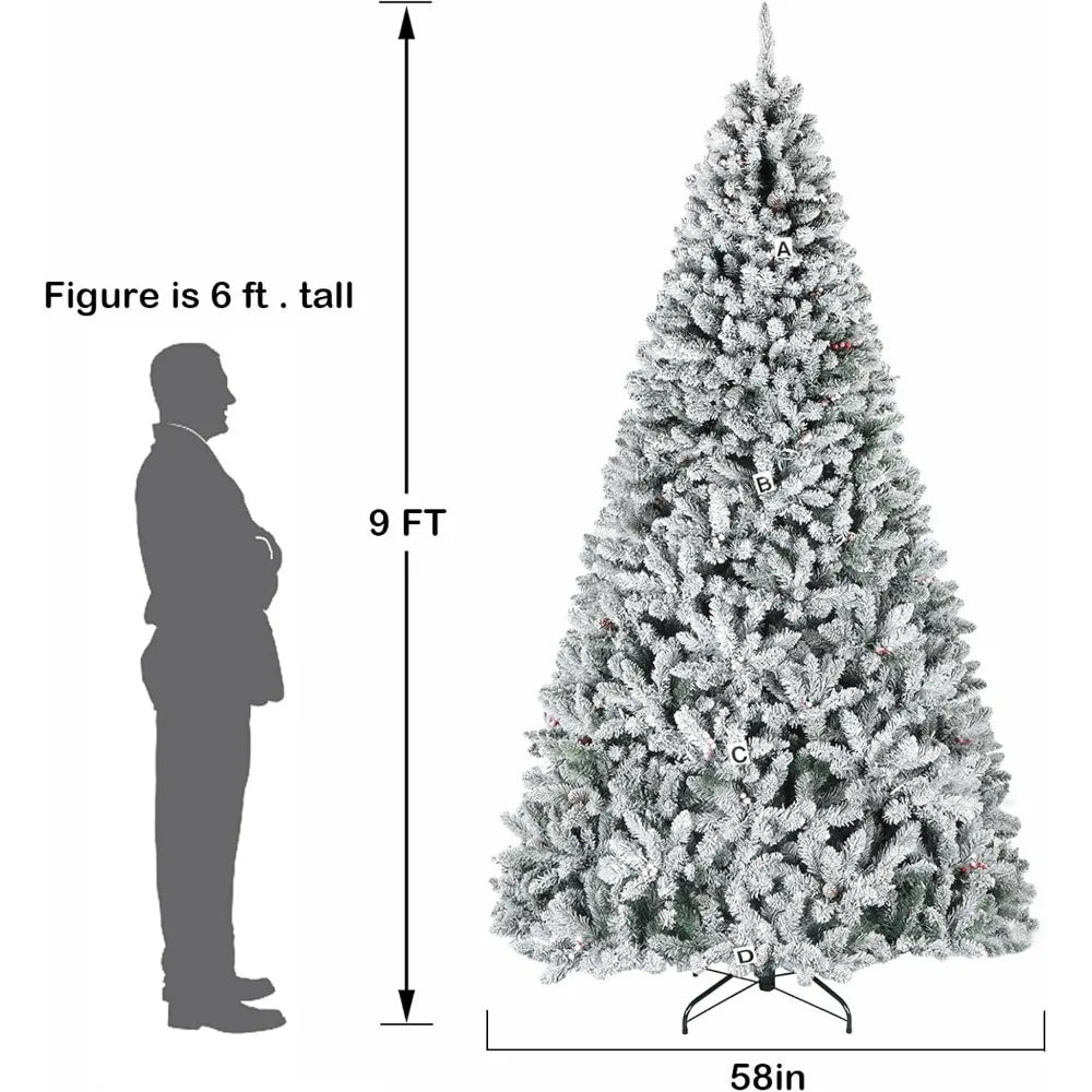 9 ft Prelit Snow Flocked Christmas Tree,Christmas Tree with Pine Cones and Berries