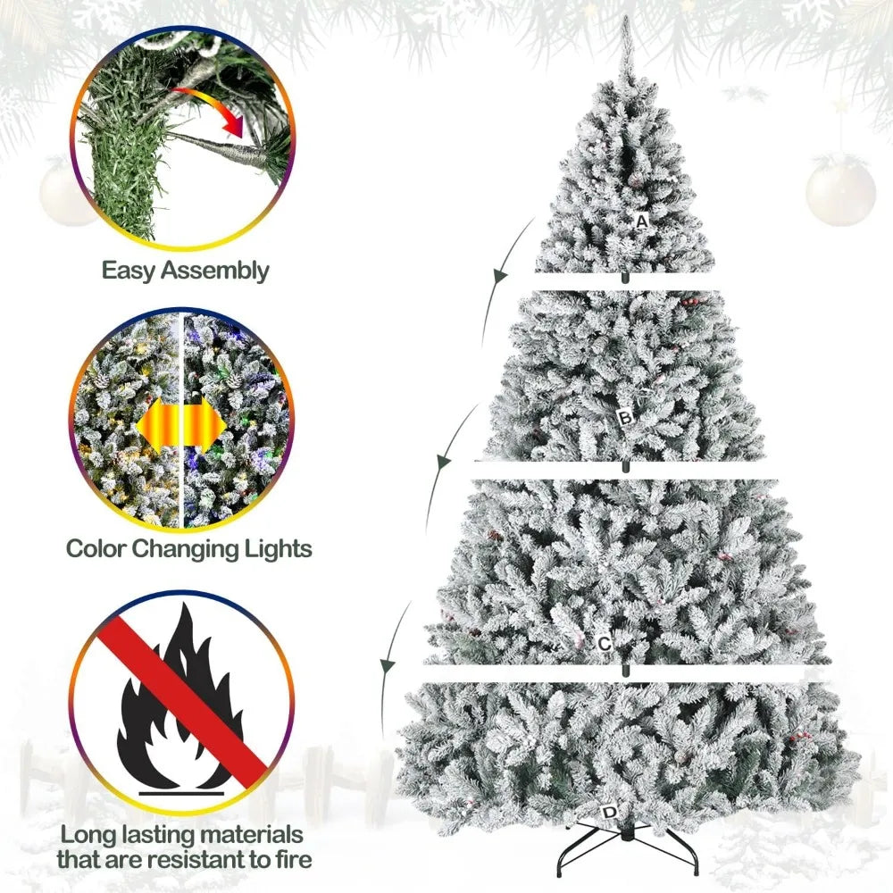 9 ft Prelit Snow Flocked Christmas Tree,Christmas Tree with Pine Cones and Berries