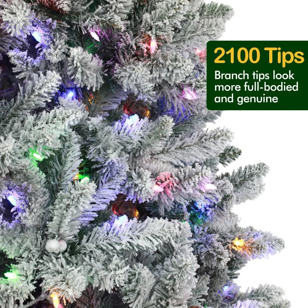 9 ft Prelit Snow Flocked Christmas Tree,Christmas Tree with Pine Cones and Berries
