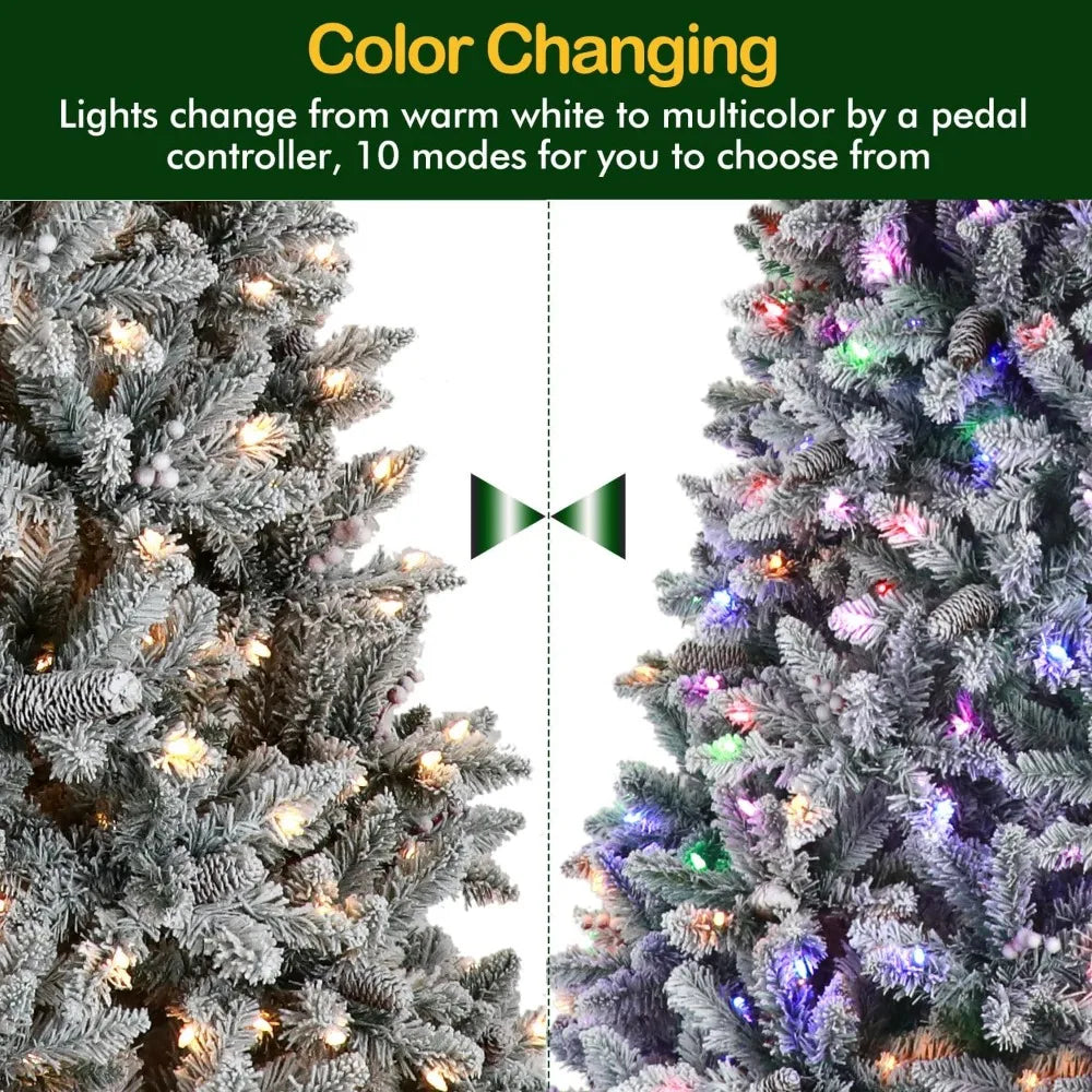 9 ft Prelit Snow Flocked Christmas Tree,Christmas Tree with Pine Cones and Berries