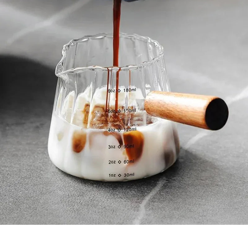 Small glass wooden coffee & milk measuring cup