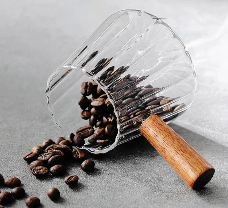 Small glass wooden coffee & milk measuring cup