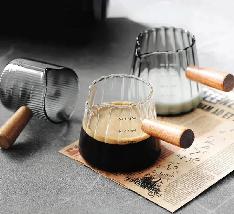 Small glass wooden coffee & milk measuring cup