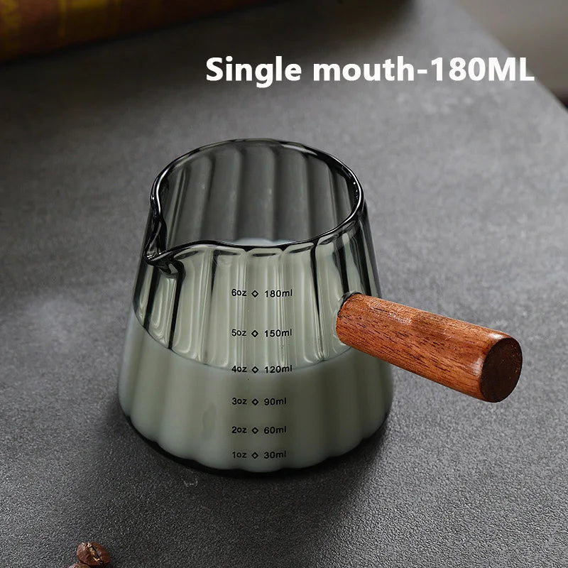 Small glass wooden coffee & milk measuring cup