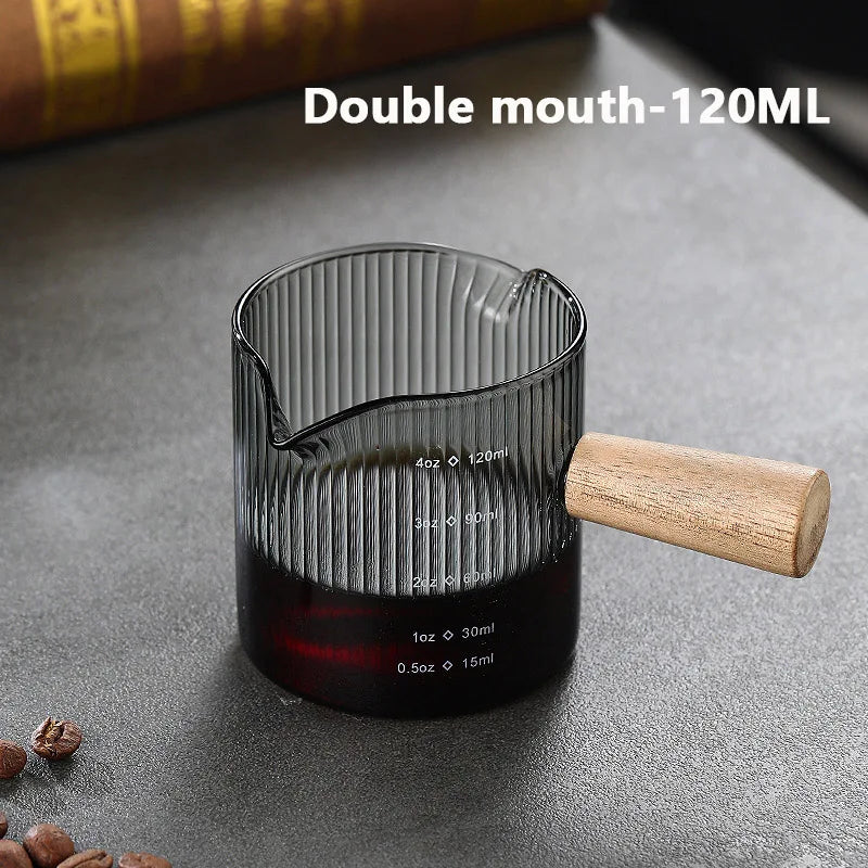 Small glass wooden coffee & milk measuring cup