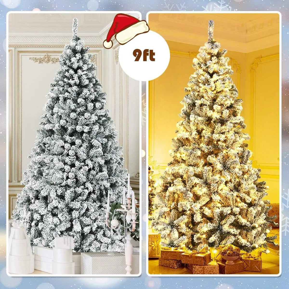 9ft Pre-Lit Artificial Christmas Tree, Premium PVC Snow Flocked Hinged Pine Tree