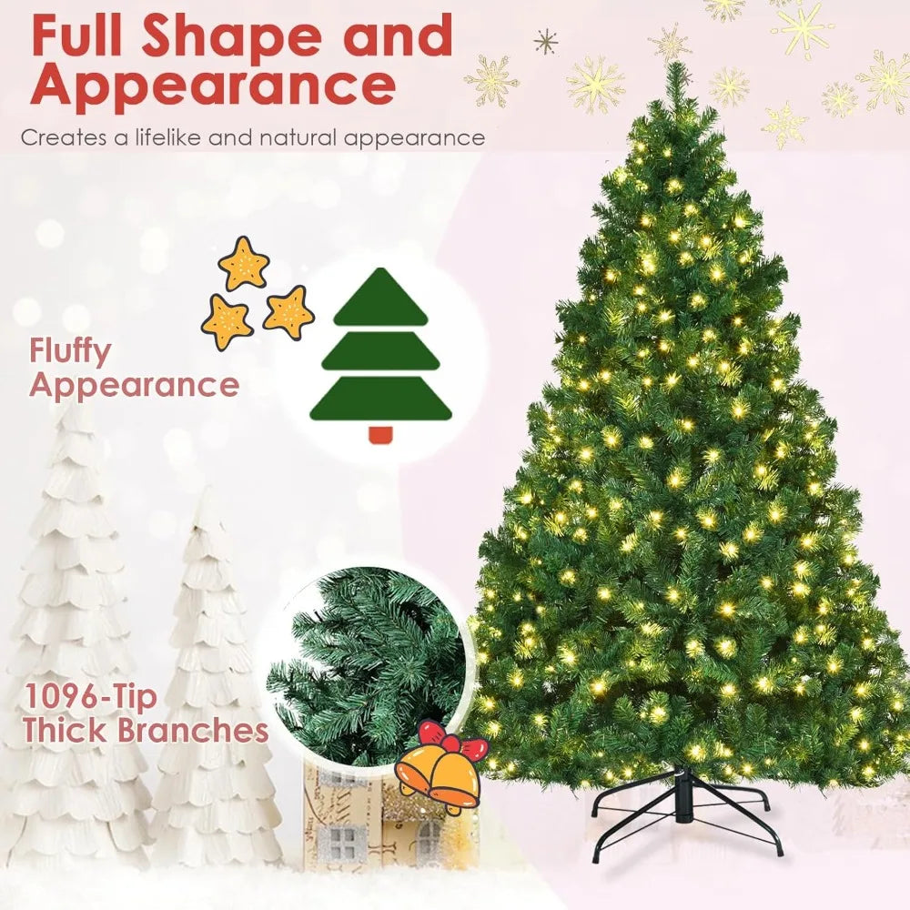 7ft Prelit Christmas Tree, Indoor Xmas Tree w/ 1096 PVC Branch, Pre-Strung 300 Warm White LED Lights