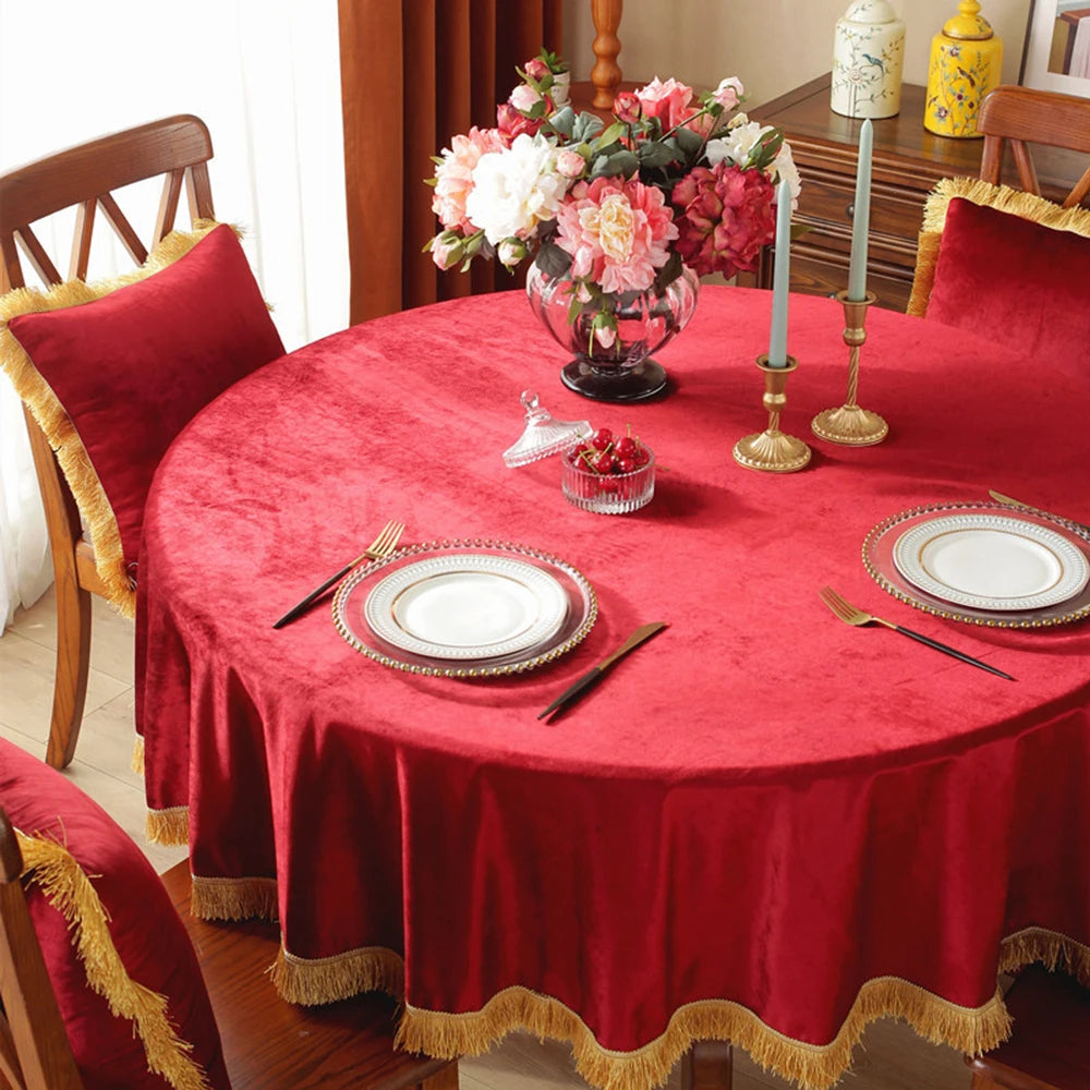 Luxury tassel red velvet table cloth