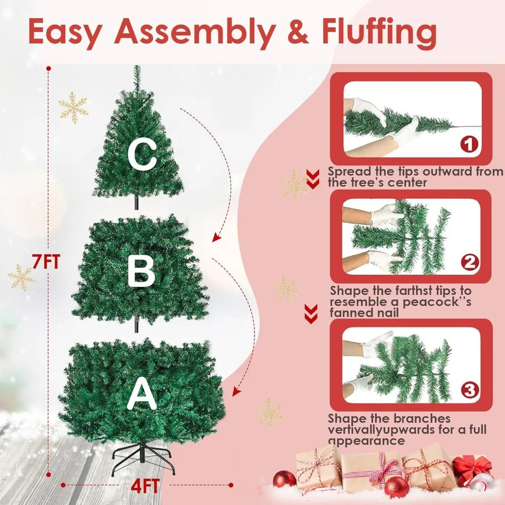 7ft Prelit Christmas Tree, Indoor Xmas Tree w/ 1096 PVC Branch, Pre-Strung 300 Warm White LED Lights