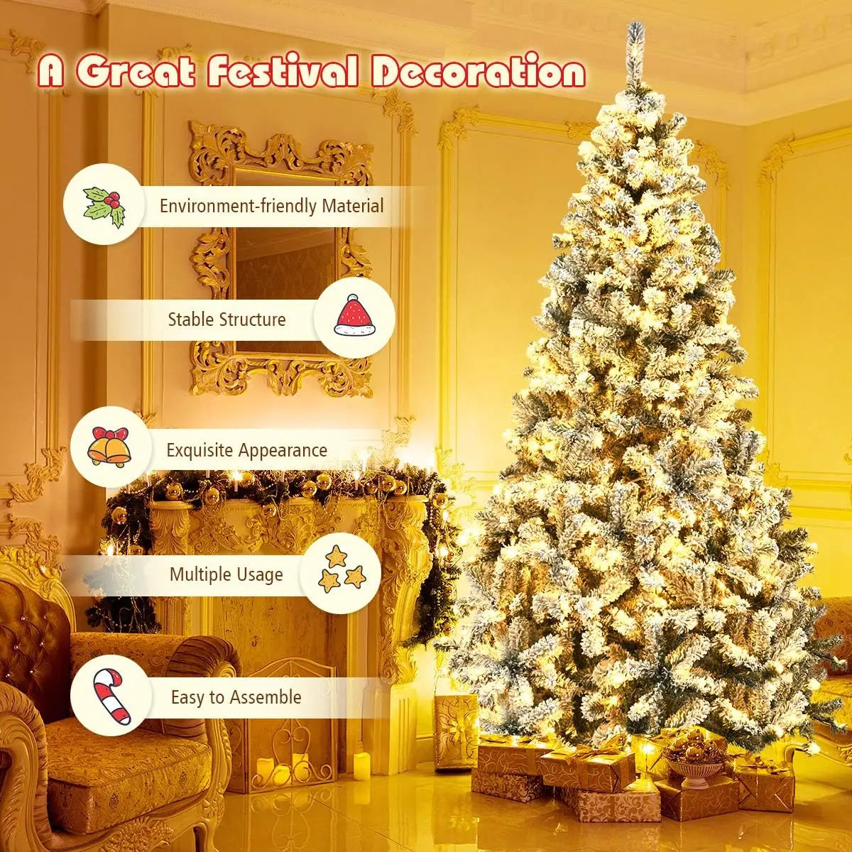 9ft Pre-Lit Artificial Christmas Tree, Premium PVC Snow Flocked Hinged Pine Tree