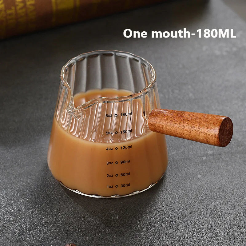 Small glass wooden coffee & milk measuring cup