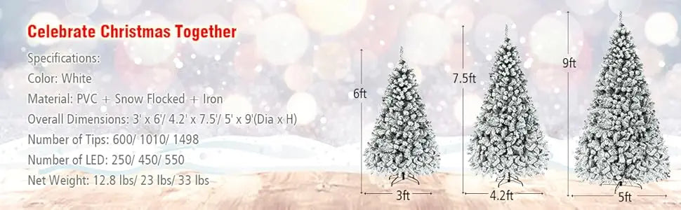 9ft Pre-Lit Artificial Christmas Tree, Premium PVC Snow Flocked Hinged Pine Tree