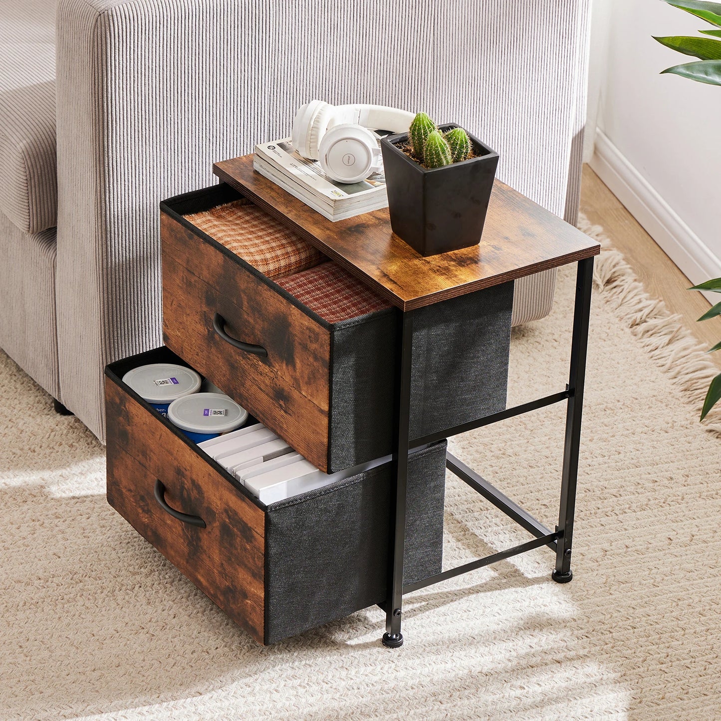 Nightstand With 2 Fabric Drawers